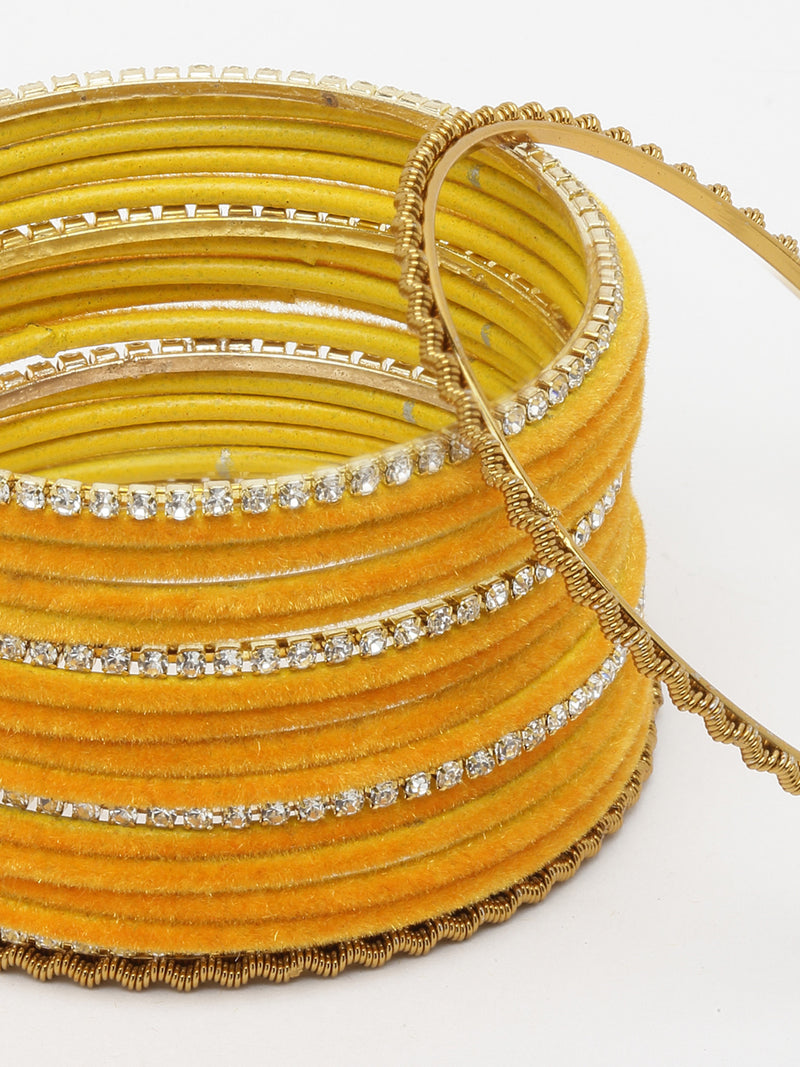 Gold-Plated Yellow Matte Finish Velvet White American Diamonds Studded Bangles Set Of 36