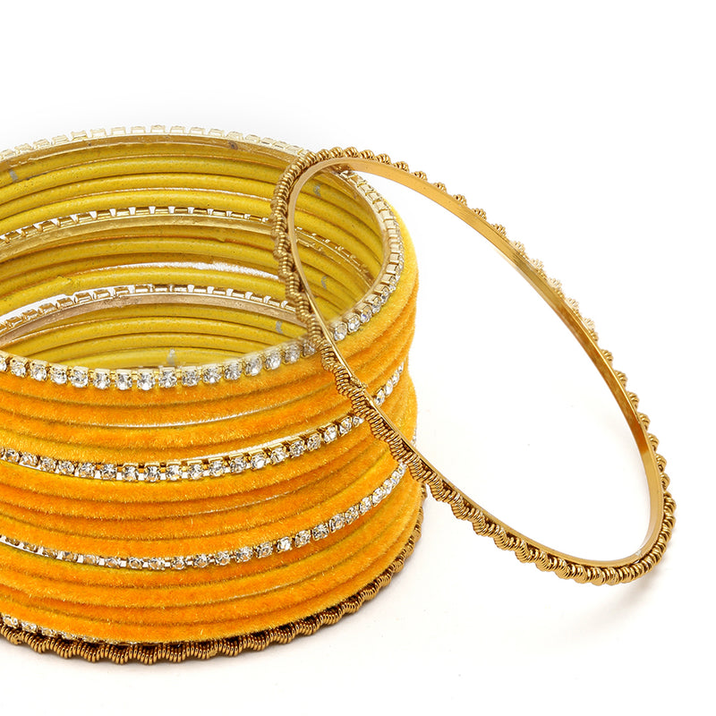 Gold-Plated Yellow Matte Finish Velvet White American Diamonds Studded Bangles Set Of 36