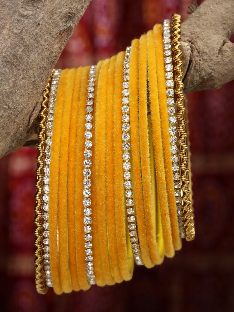 Gold-Plated Yellow Matte Finish Velvet White American Diamonds Studded Bangles Set Of 36