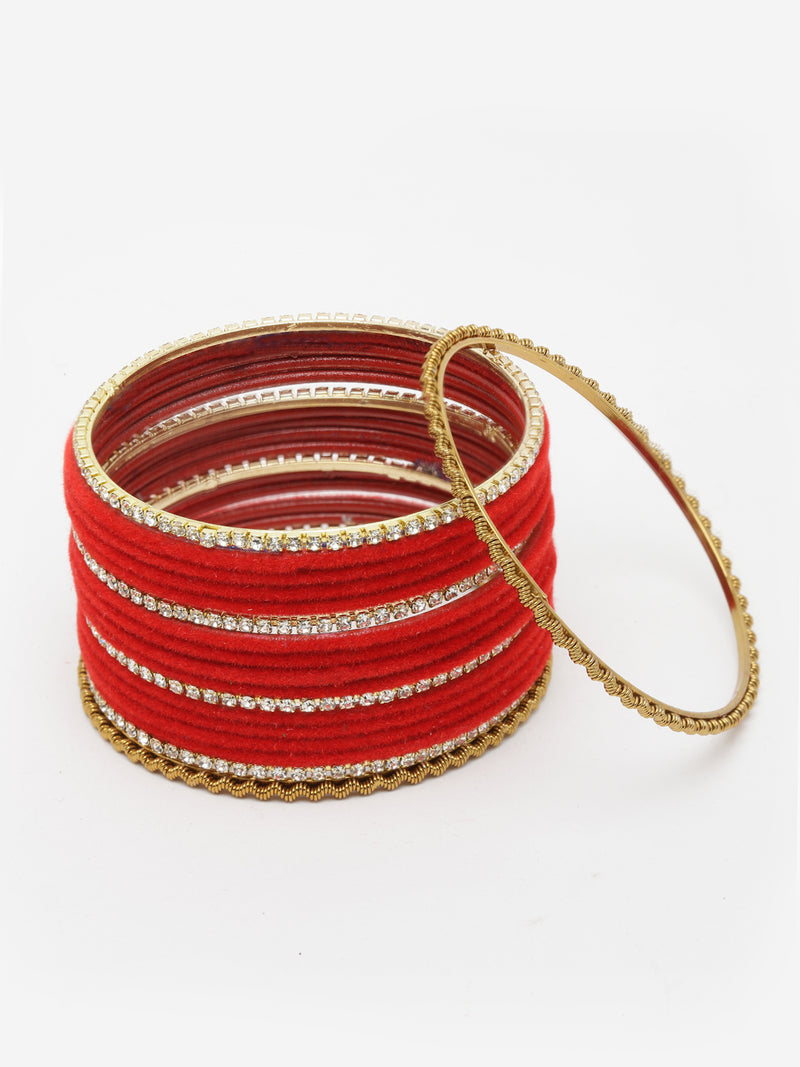 Gold-Plated Red Matte Finish Velvet White American Diamonds Studded Bangles Set Of 36