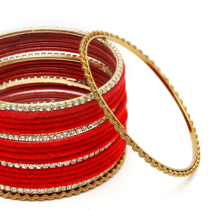 Gold-Plated Red Matte Finish Velvet White American Diamonds Studded Bangles Set Of 36