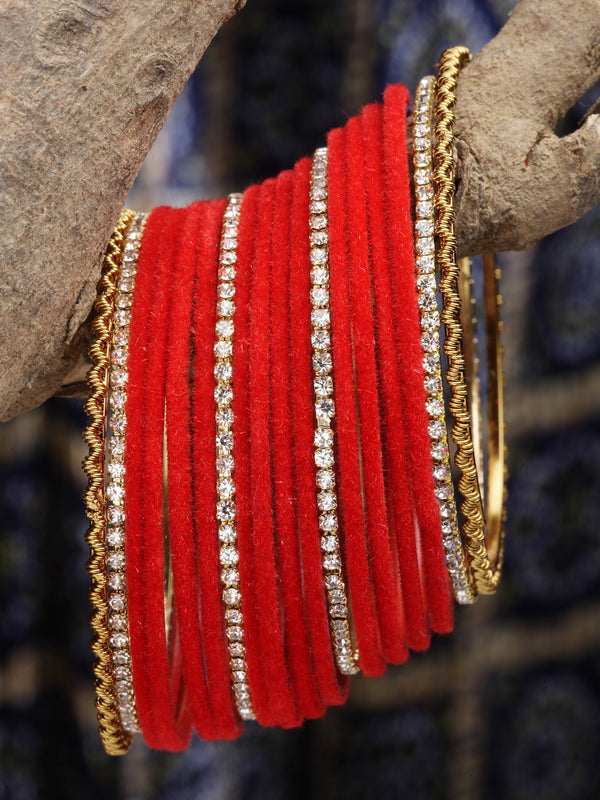 Gold-Plated Red Matte Finish Velvet White American Diamonds Studded Bangles Set Of 36