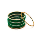 Gold-Plated Green Matte Finish Velvet White American Diamonds Studded Bangles (Set Of 36)