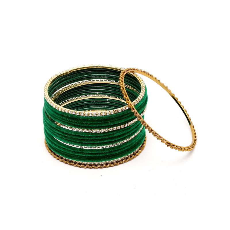 Gold-Plated Green Matte Finish Velvet White American Diamonds Studded Bangles (Set Of 36)