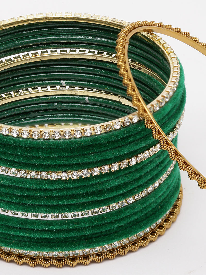 Gold-Plated Green Matte Finish Velvet White American Diamonds Studded Bangles (Set Of 36)