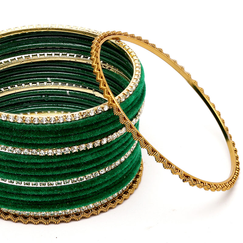 Gold-Plated Green Matte Finish Velvet White American Diamonds Studded Bangles (Set Of 36)