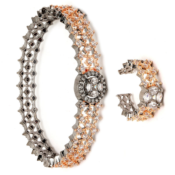 Rose Gold Plated American Diamond Studded Intricate Design Cuff Bracelet Combo With Adjustable  Ring