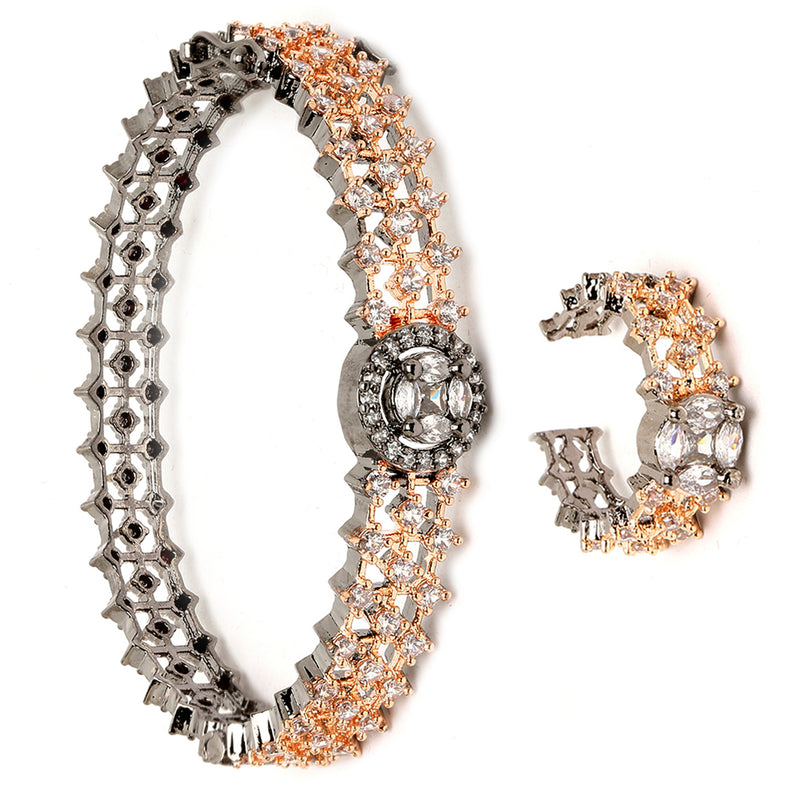 Rose Gold Plated American Diamond Studded Intricate Design Cuff Bracelet Combo With Adjustable  Ring