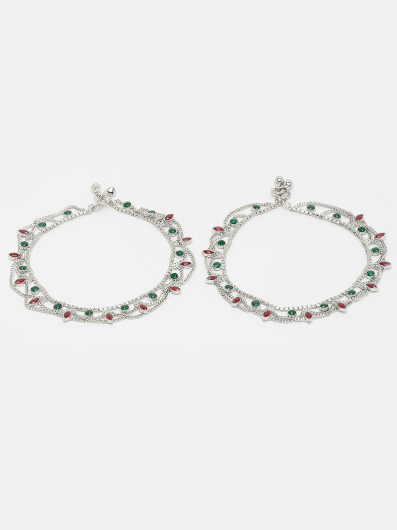 Set Of 2 Silver-Plated Oxidised Red & Green Cubic Zirconia studded Charm Anklets