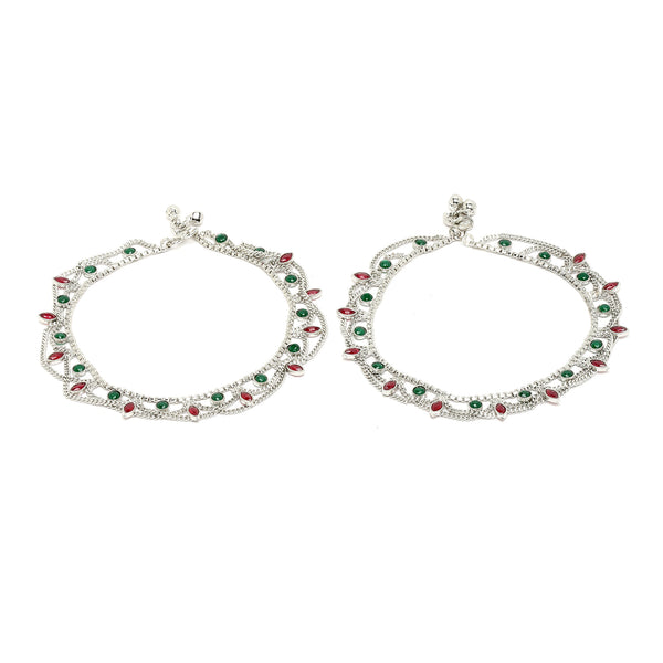 Rhodium Plated Silver Toned Leaf Shaped Red & Green Cubic Zirconia studded Charm Anklets