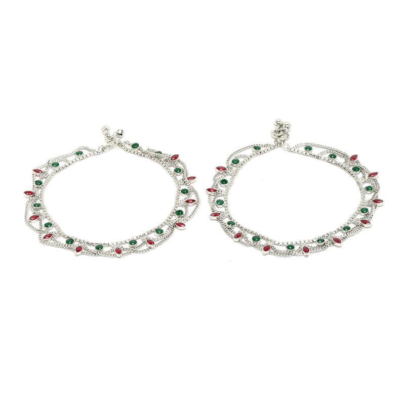 Rhodium Plated Silver Toned Leaf Shaped Red & Green Cubic Zirconia studded Charm Anklets