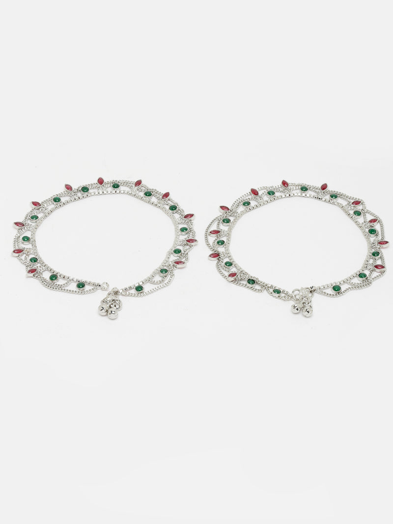 Set Of 2 Silver-Plated Oxidised Red & Green Cubic Zirconia studded Charm Anklets