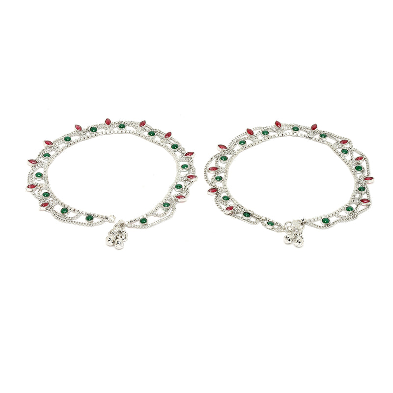 Rhodium Plated Silver Toned Leaf Shaped Red & Green Cubic Zirconia studded Charm Anklets