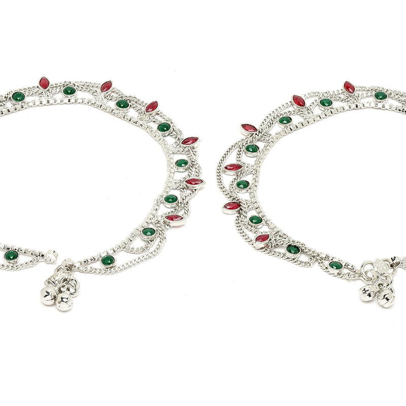 Rhodium Plated Silver Toned Leaf Shaped Red & Green Cubic Zirconia studded Charm Anklets
