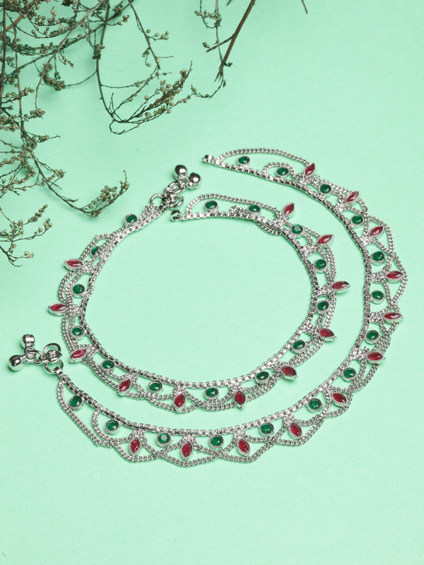Set Of 2 Silver-Plated Oxidised Red & Green Cubic Zirconia studded Charm Anklets