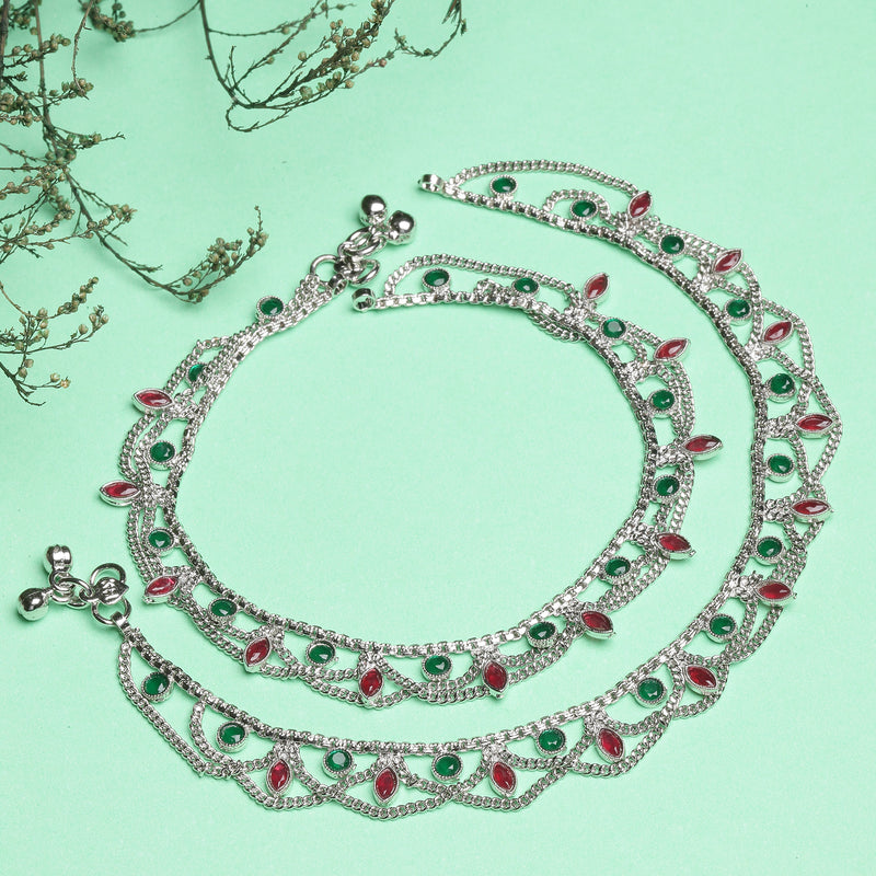 Rhodium Plated Silver Toned Leaf Shaped Red & Green Cubic Zirconia studded Charm Anklets
