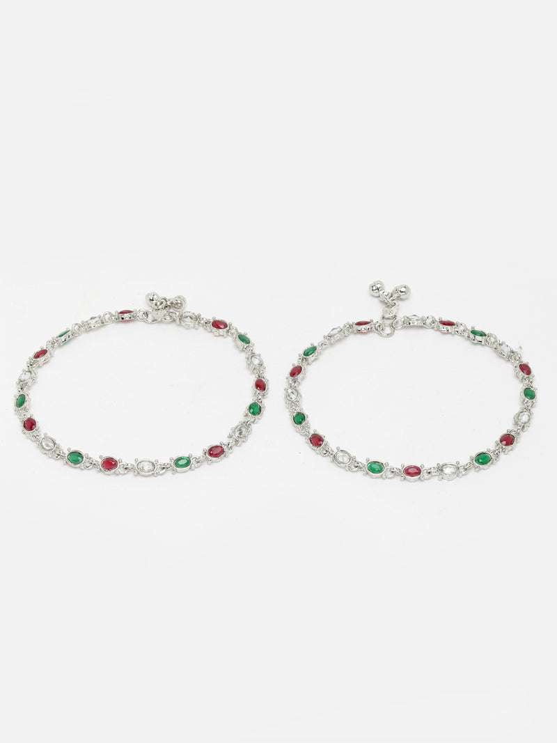 Set Of 2 Silver-Plated Oxidised Red & Green Cubic Zirconia studded Traditional Anklets