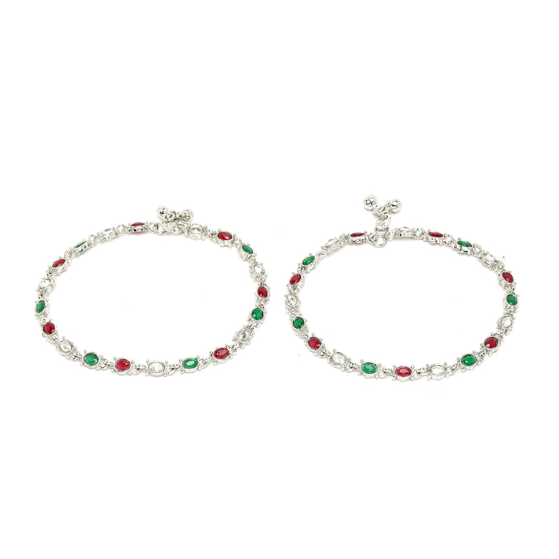 Rhodium Plated Silver Toned Oval Shaped Red & Green Cubic Zirconia studded Anklets