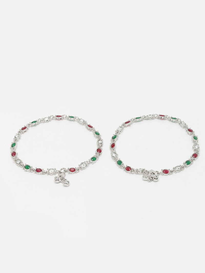 Set Of 2 Silver-Plated Oxidised Red & Green Cubic Zirconia studded Traditional Anklets