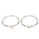 Rhodium Plated Silver Toned Oval Shaped Red & Green Cubic Zirconia studded Anklets