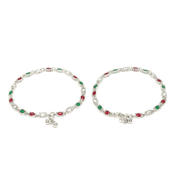 Rhodium Plated Silver Toned Oval Shaped Red & Green Cubic Zirconia studded Anklets