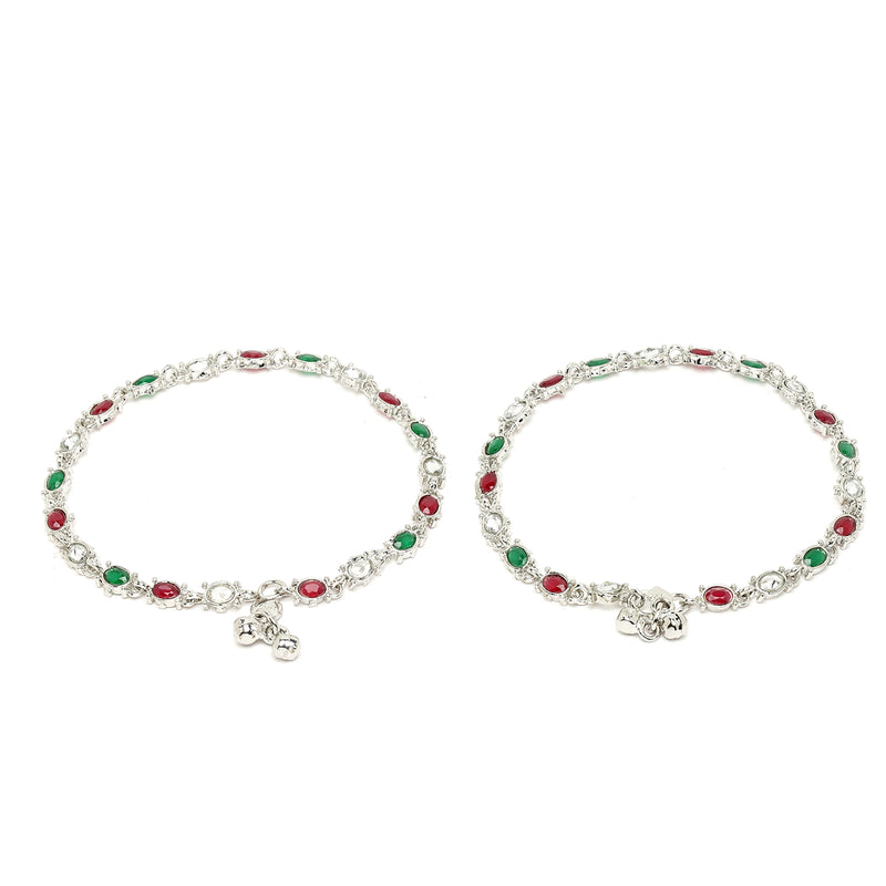 Rhodium Plated Silver Toned Oval Shaped Red & Green Cubic Zirconia studded Anklets