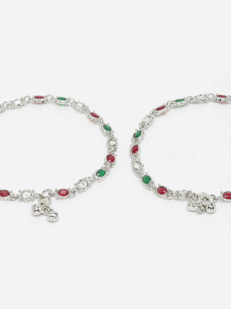 Set Of 2 Silver-Plated Oxidised Red & Green Cubic Zirconia studded Traditional Anklets