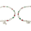 Rhodium Plated Silver Toned Oval Shaped Red & Green Cubic Zirconia studded Anklets