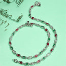 Rhodium Plated Silver Toned Oval Shaped Red & Green Cubic Zirconia studded Anklets