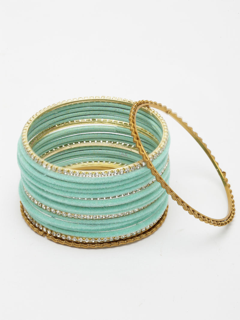 Gold-Plated Turquoise Blue Matte Finish Velvet White American Diamonds Studded Bangles Set Of 36