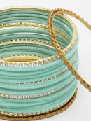 Gold-Plated Turquoise Blue Matte Finish Velvet White American Diamonds Studded Bangles Set Of 36