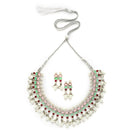 Silver-Toned & Pink Rhodium-Plated American Diamond Studded Pearl Jewellery Set