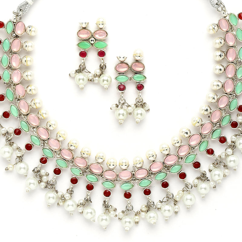 Silver-Toned & Pink Rhodium-Plated American Diamond Studded Pearl Jewellery Set