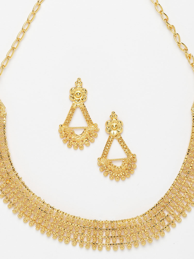 Gold-Plated Textured With Intricate Detailing Necklace With Earrings Set