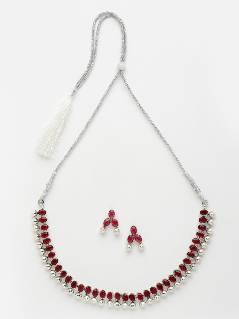 Rhodium-Plated with Oxidised Silver-Tone Red American Diamond-Studded & Pearl Beaded Jewellery Set