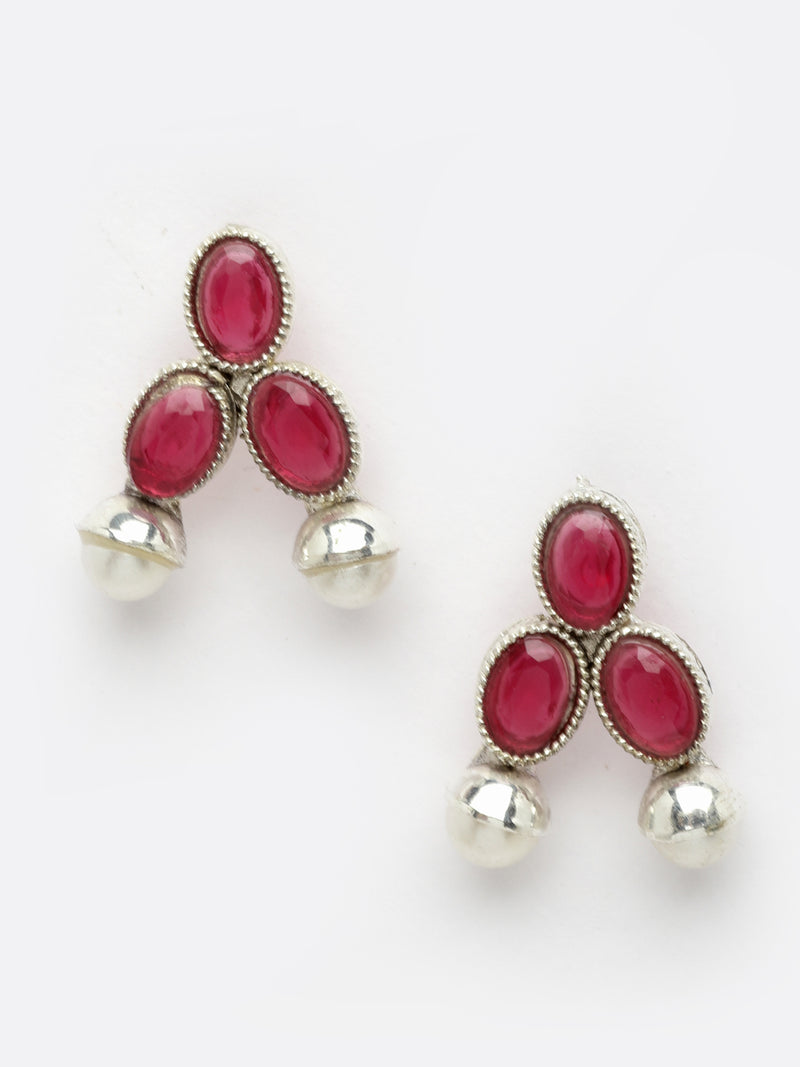 Rhodium-Plated with Oxidised Silver-Tone Red American Diamond-Studded & Pearl Beaded Jewellery Set