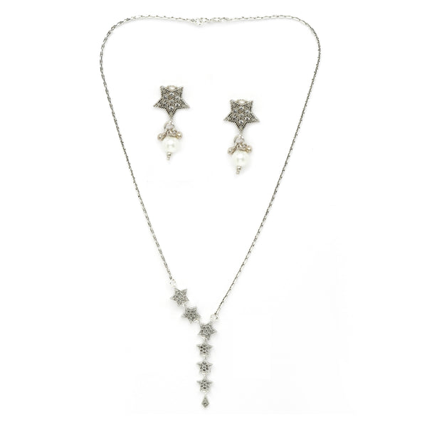 Rhodium-Plated with Silver-Tone Silver CZ Studded Handcrafted Jewellery Set