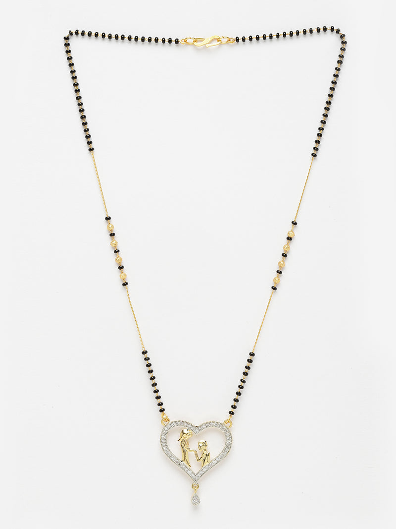 Heart Sharped Design White Gold-Plated American Diamond Studded Beaded Mangalsutra