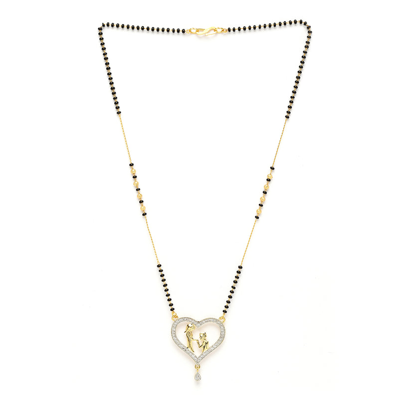 Heart Sharped Design White Gold-Plated American Diamond Studded Beaded Mangalsutra