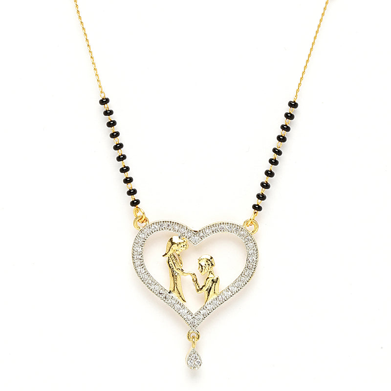 Heart Sharped Design White Gold-Plated American Diamond Studded Beaded Mangalsutra