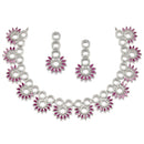 Rhodium-Plated Magenta American Diamond Studded Classic Necklace with Earrings Jewellery Set