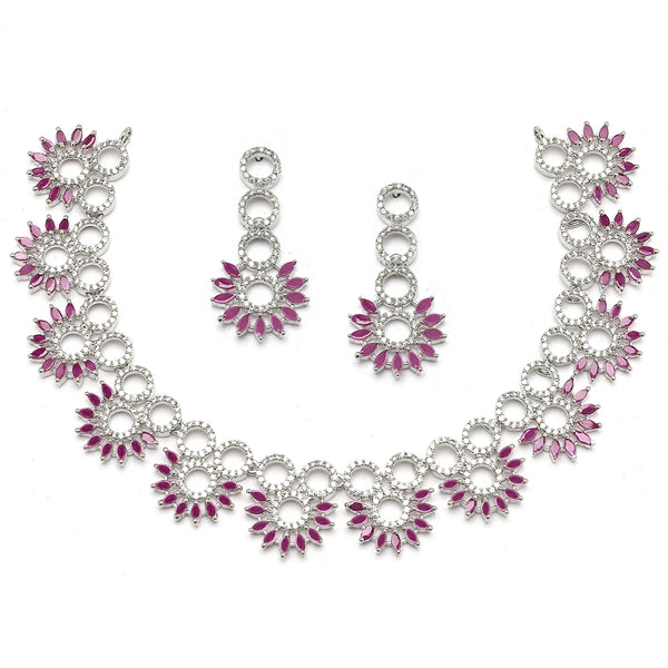 Rhodium-Plated Magenta American Diamond Studded Classic Necklace with Earrings Jewellery Set