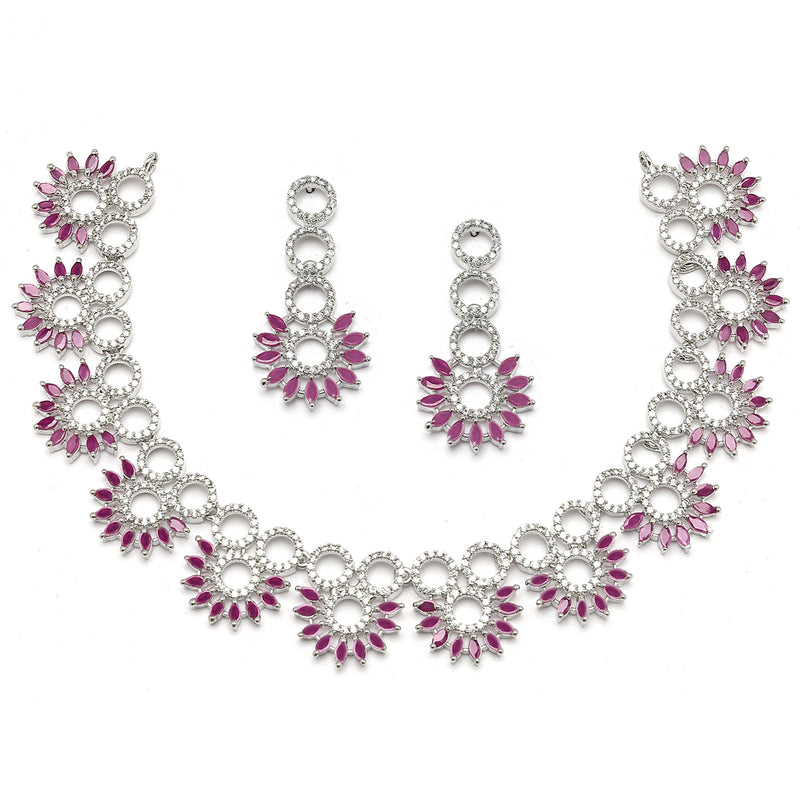 Rhodium-Plated Magenta American Diamond Studded Classic Necklace with Earrings Jewellery Set