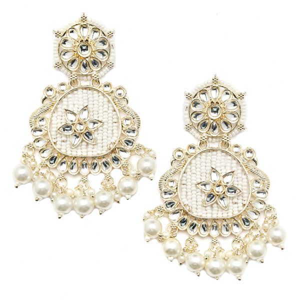 Gold-Plated White Beads White Pearls & Kundan studded Handcrafted Peacock Shaped Drop Earrings