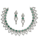 Rhodium-Plated Green American Diamond Studded Floral & Leaf Shaped Necklace with Earrings Jewellery Set