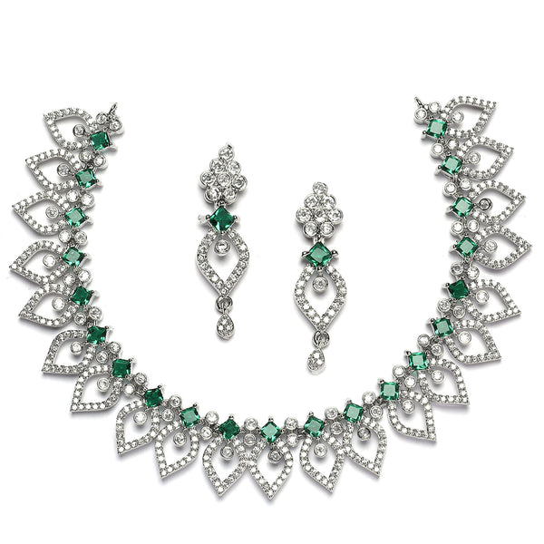 Rhodium-Plated Green American Diamond Studded Floral & Leaf Shaped Necklace with Earrings Jewellery Set