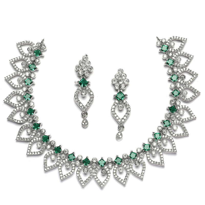 Rhodium-Plated Green American Diamond Studded Floral & Leaf Shaped Necklace with Earrings Jewellery Set