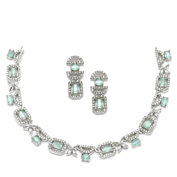 Rhodium-Plated Sea Green American Diamonds Studded Boxy Necklace & Earrings Jewellery Set