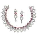 Rhodium-Plated Red American Diamond Studded Floral & Leaf Shaped Necklace with Earrings Jewellery Set