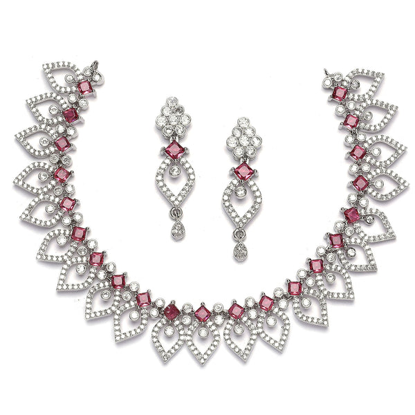 Rhodium-Plated Red American Diamond Studded Floral & Leaf Shaped Necklace with Earrings Jewellery Set